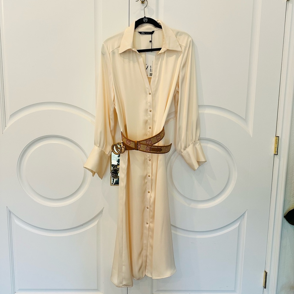 Zara cream satin shirt dress size XL new with tags